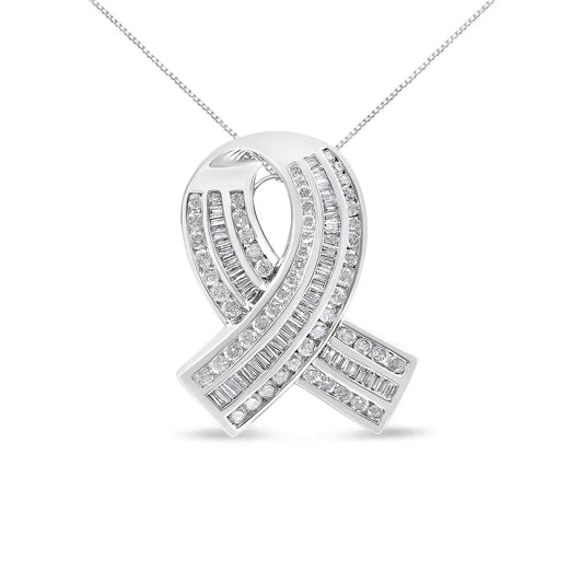 14k White Gold 2 5/8 Cttw Channel Set Round and Baguette Diamond Awareness Ribbon Pendant (h-i Color I1-i2 Clarity)