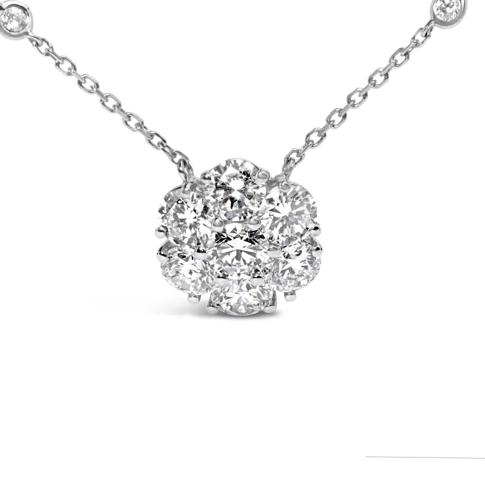 14k White Gold 3.0 Cttw Lab Grown Diamond Floral Cluster and Station 18’’ Pendant Necklace (g-h Color Vs2-si1