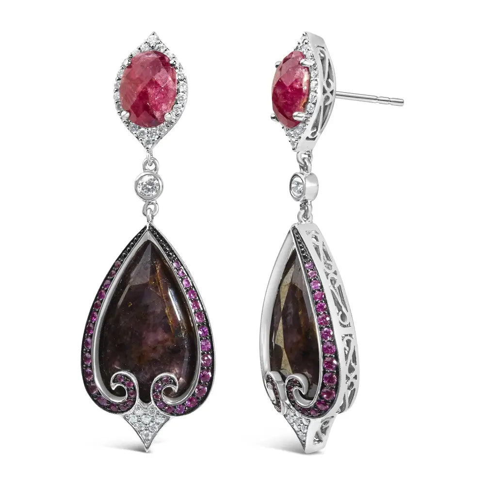 14k White Gold 3/5 Cttw Diamond Grey-orange Sapphire and Pink Spinel Vintage-inspired Drop Earrings (f-g Color Vs1-vs2