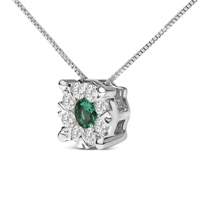 14k White Gold 3.8 Mm Green Emerald and 1/3 Cttw Diamond Composite Halo 18’’ Pendant Necklace (f-g Color Vs2-si1