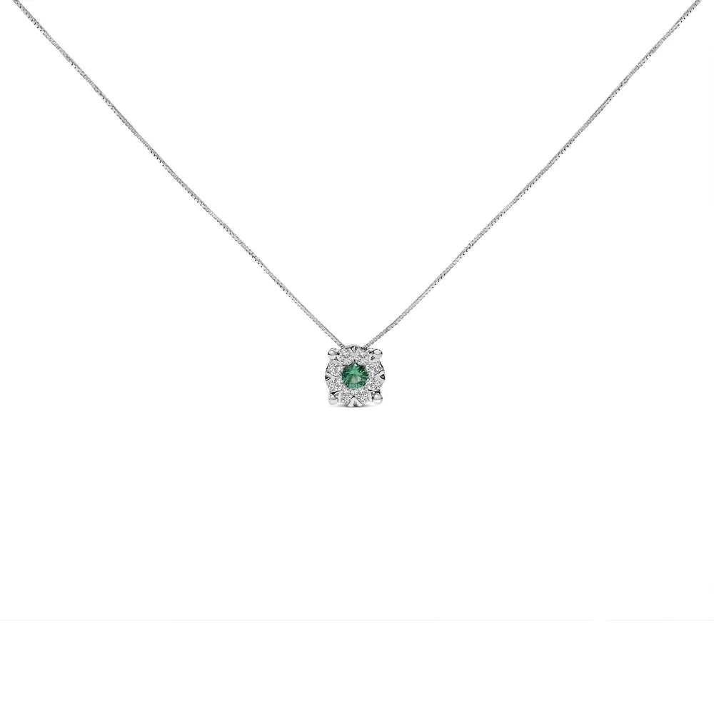 14k White Gold 3.8 Mm Green Emerald and 1/3 Cttw Diamond Composite Halo 18’’ Pendant Necklace (f-g Color Vs2-si1