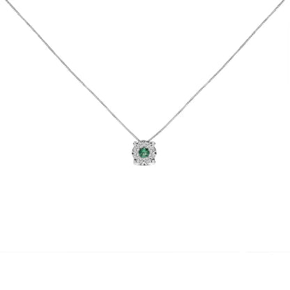 14k White Gold 3.8 Mm Green Emerald and 1/3 Cttw Diamond Composite Halo 18’’ Pendant Necklace (f-g Color Vs2-si1