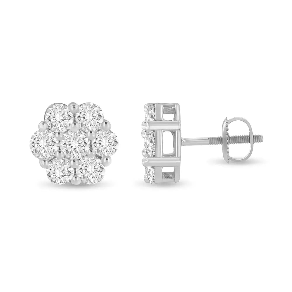 14k White Gold 3 Cttw Prong Set Round-cut Diamond Floral Cluster Stud Earring (i-j Color Si1-si2 Clarity) - Fine