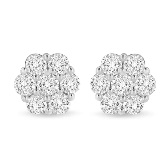 14k White Gold 3 Cttw Prong Set Round-cut Diamond Floral Cluster Stud Earring (i-j Color Si1-si2 Clarity) - Fine