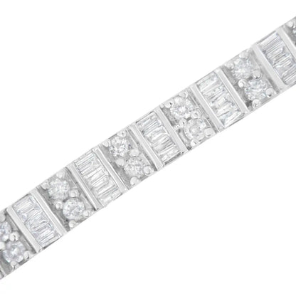 14k White Gold 4.0 Cttw Alternating Baguette & Round Cut Diamond Bezel- Prong-set 7’’ Tennis Bracelet (i-j Color