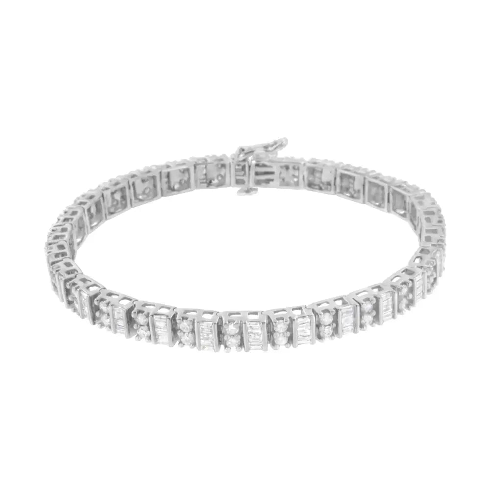 14k White Gold 4.0 Cttw Alternating Baguette & Round Cut Diamond Bezel- Prong-set 7’’ Tennis Bracelet (i-j Color