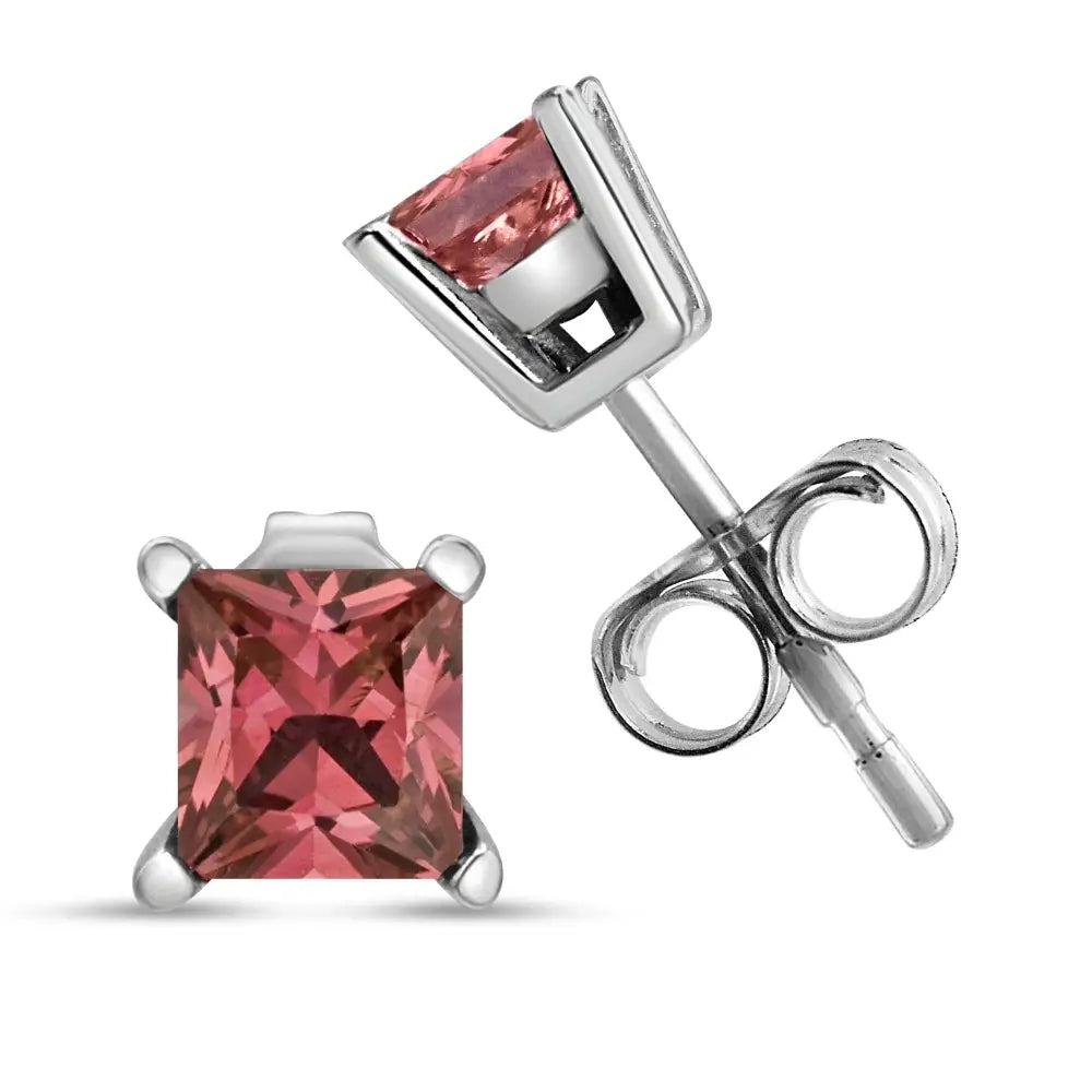 14k White Gold 4 Prong Set Lab Grown Pink Princess Diamond Solitaire Stud Earrings (pink Color Vs2-si1 Clarity) - Fine