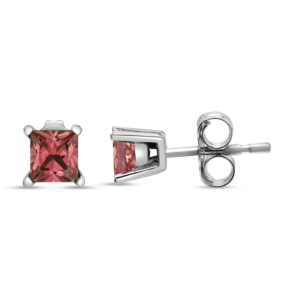 14k White Gold 4 Prong Set Lab Grown Pink Princess Diamond Solitaire Stud Earrings (pink Color Vs2-si1 Clarity) - Fine