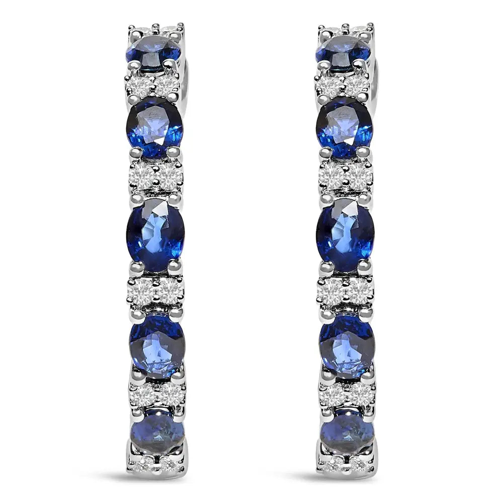 14k White Gold 4x3mm Oval Blue Sapphire and 1/4 Cttw Diamond Alternating Hoop Earring (i-j Color Si2-i1 Clarity) - Fine