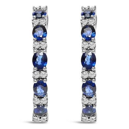 14k White Gold 4x3mm Oval Blue Sapphire and 1/4 Cttw Diamond Alternating Hoop Earring (i-j Color Si2-i1 Clarity) - Fine