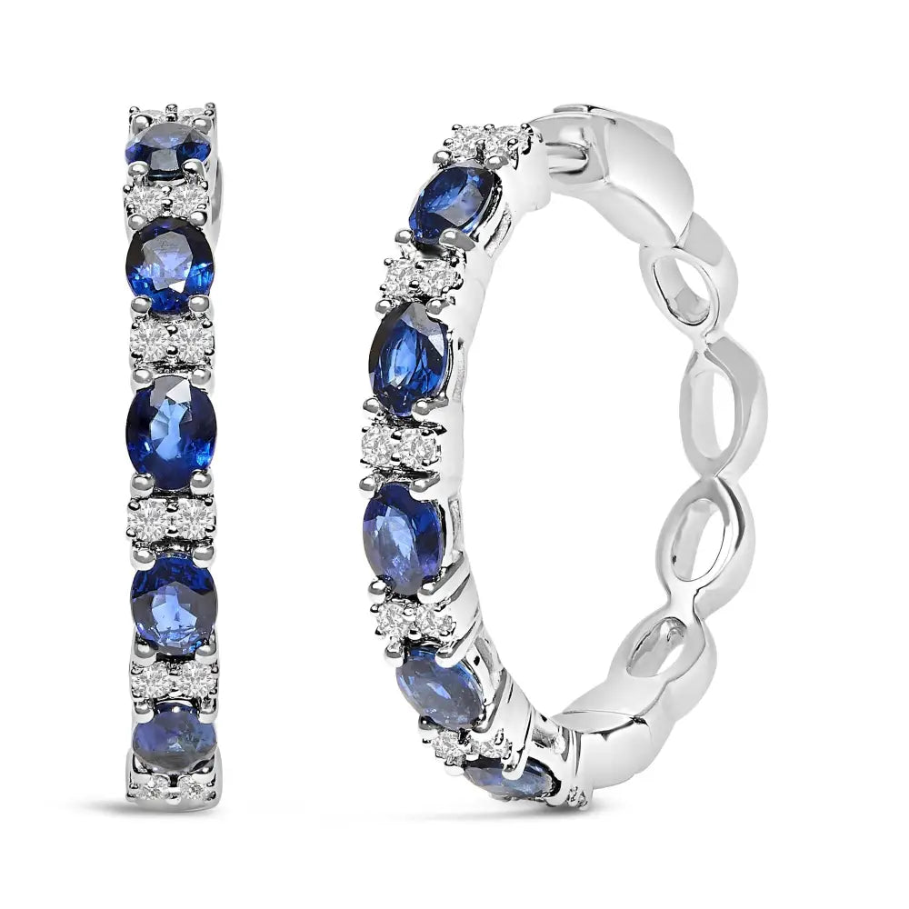 14k White Gold 4x3mm Oval Blue Sapphire and 1/4 Cttw Diamond Alternating Hoop Earring (i-j Color Si2-i1 Clarity) - Fine