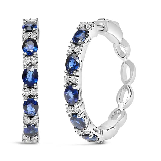 14k White Gold 4x3mm Oval Blue Sapphire and 1/4 Cttw Diamond Alternating Hoop Earring (i-j Color Si2-i1 Clarity) - Fine