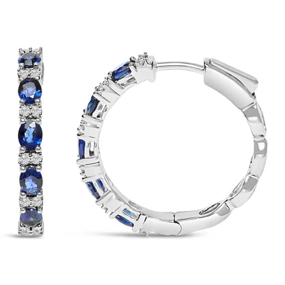 14k White Gold 4x3mm Oval Blue Sapphire and 1/4 Cttw Diamond Alternating Hoop Earring (i-j Color Si2-i1 Clarity) - Fine