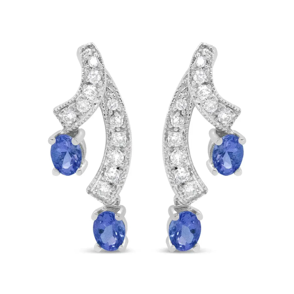 14k White Gold 4x3mm Oval Shaped Natural Blue Tanzanite Gemstone and 1/5 Cttw Diamond Double 3/4’’ Inch Drop Stud