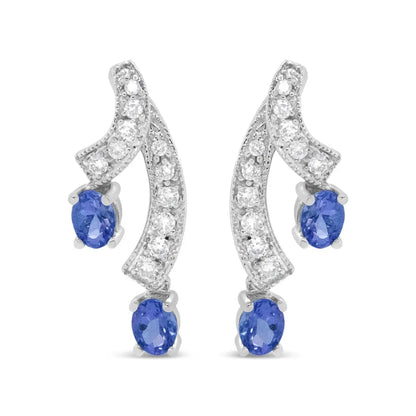 14k White Gold 4x3mm Oval Shaped Natural Blue Tanzanite Gemstone and 1/5 Cttw Diamond Double 3/4’’ Inch Drop Stud