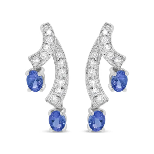 14k White Gold 4x3mm Oval Shaped Natural Blue Tanzanite Gemstone and 1/5 Cttw Diamond Double 3/4’’ Inch Drop Stud