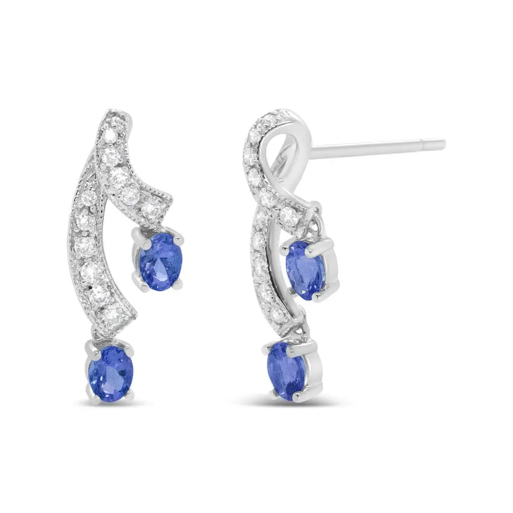 14k White Gold 4x3mm Oval Shaped Natural Blue Tanzanite Gemstone and 1/5 Cttw Diamond Double 3/4’’ Inch Drop Stud