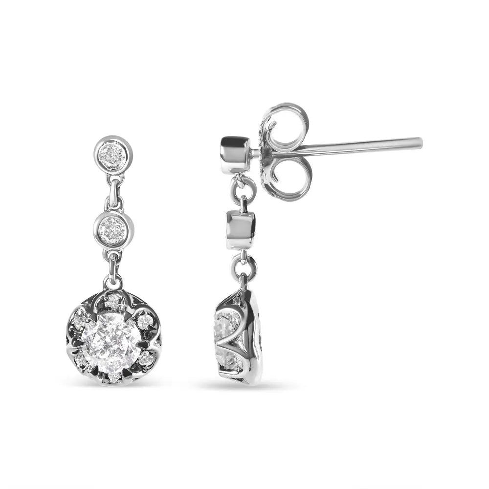 14k White Gold 5/8 Cttw Diamond Halo Drop and Dangle Earrings Stud with Bale (i-j Color I1-i2 Clarity) - Fine Jewelry