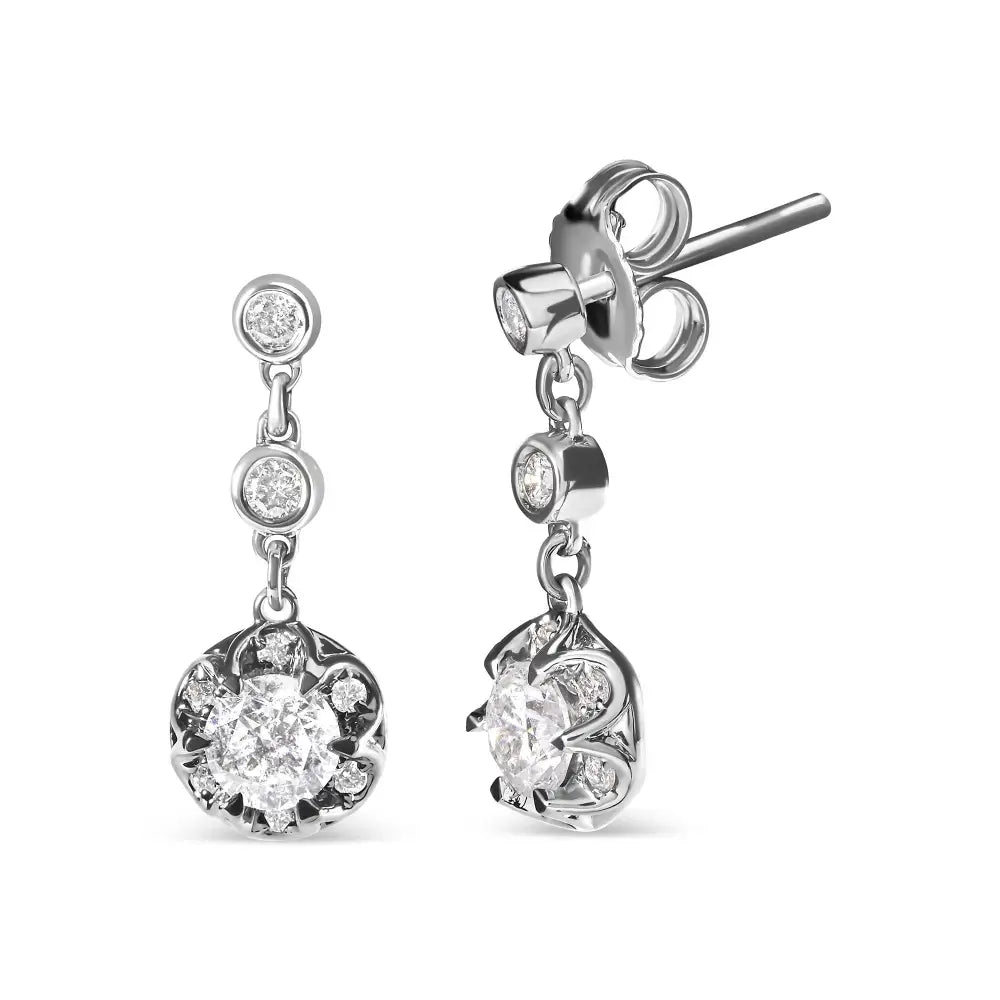 14k White Gold 5/8 Cttw Diamond Halo Drop and Dangle Earrings Stud with Bale (i-j Color I1-i2 Clarity) - Fine Jewelry