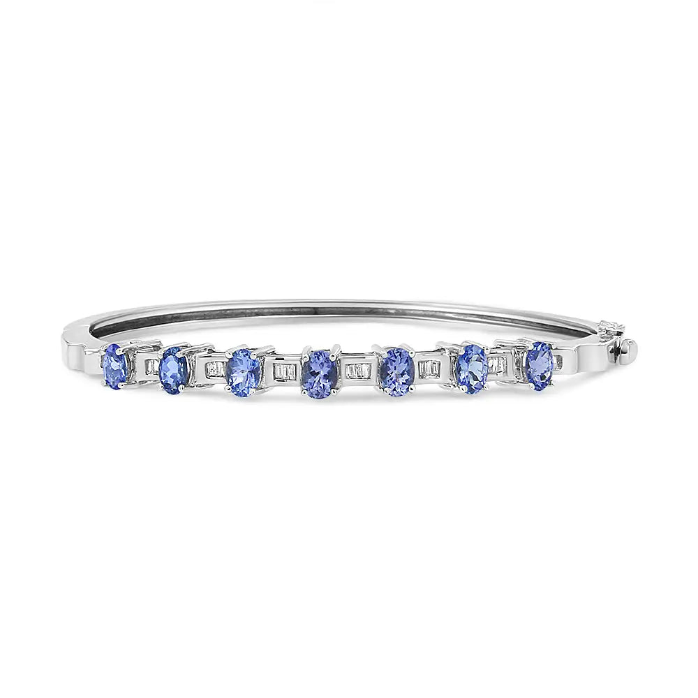 14k White Gold 5 Mm Oval Blue Tanzanite and 1/4 Cttw Diamond Bangle (h-i Color Vs2-si1 Clarity) - Fits Wrists Up to 7