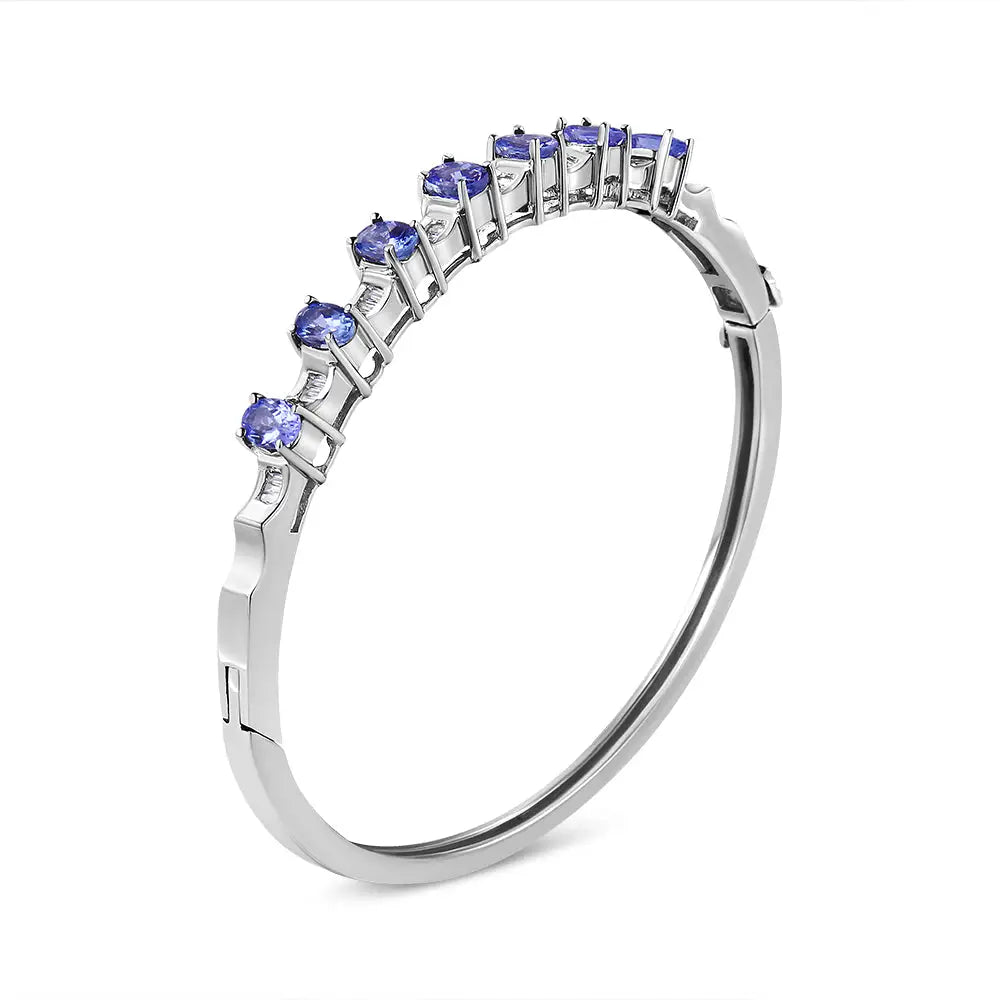 14k White Gold 5 Mm Oval Blue Tanzanite and 1/4 Cttw Diamond Bangle (h-i Color Vs2-si1 Clarity) - Fits Wrists Up to 7