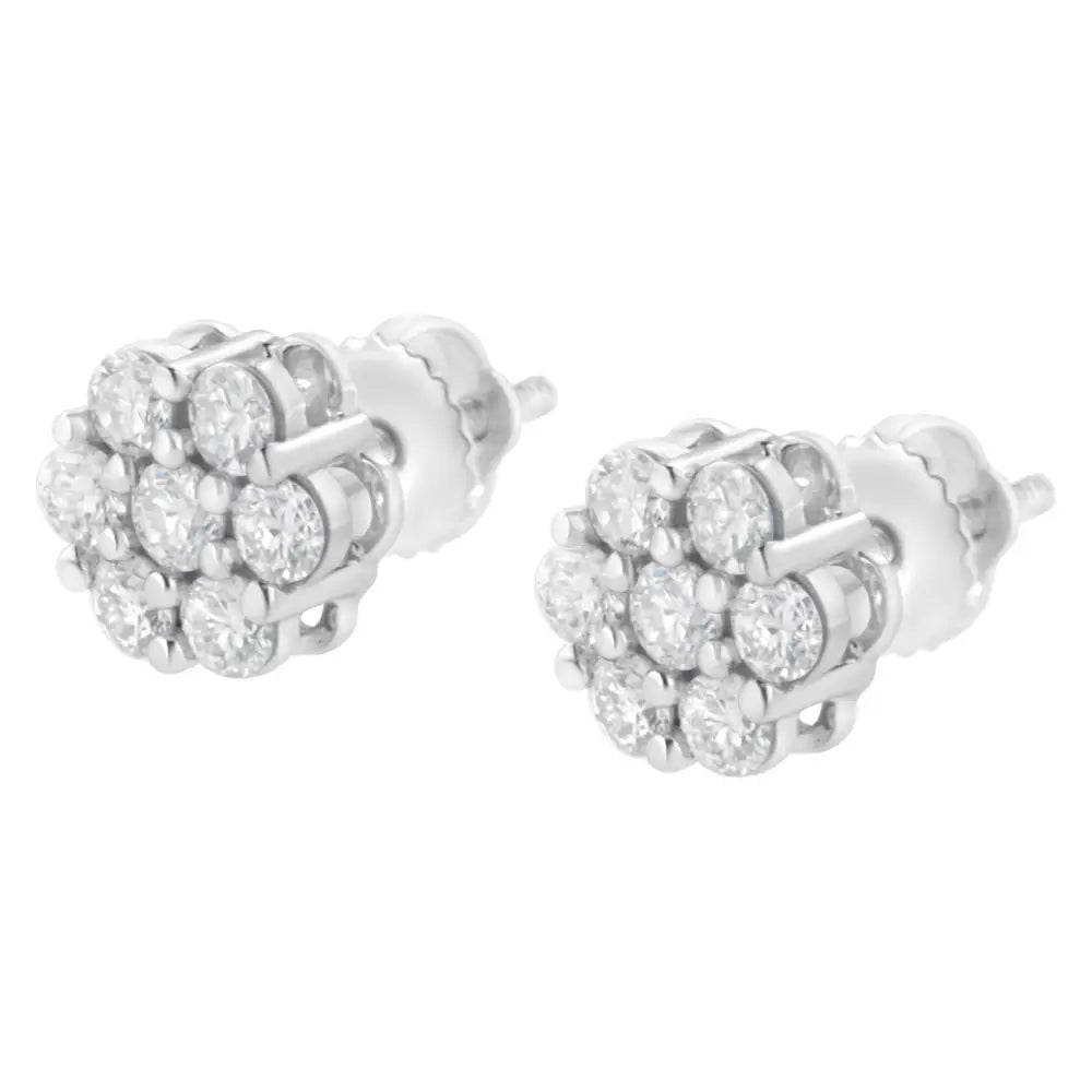 14k White Gold 7 Stone Floral Cluster Round Brilliant Cut Diamond Stud Earrings with Screw Backs(i-j Si2-i1) - Fine