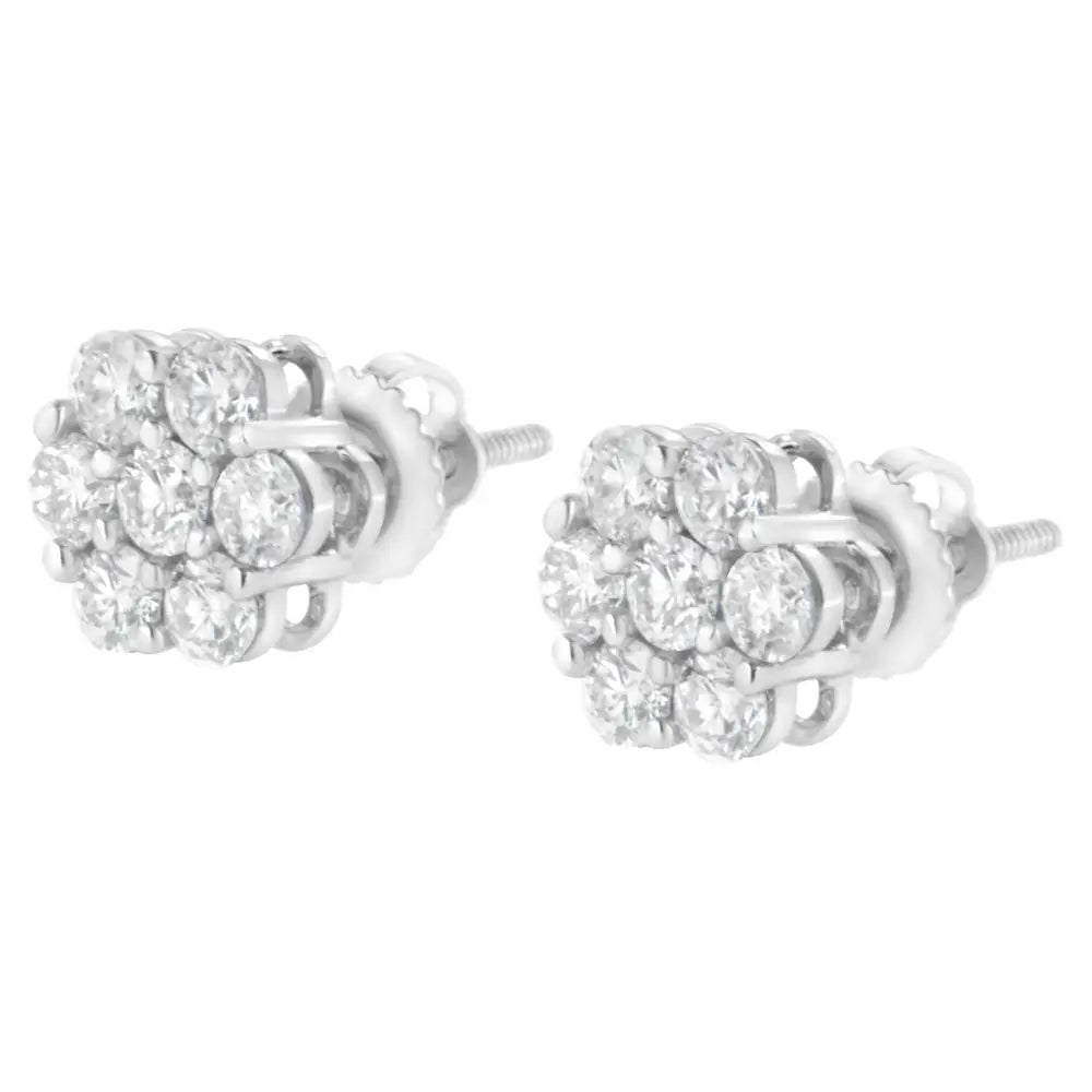 14k White Gold 7 Stone Floral Cluster Round Brilliant Cut Diamond Stud Earrings with Screw Backs(i-j Si2-i1) - Fine