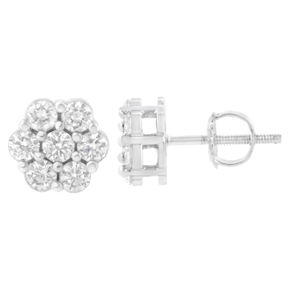 14k White Gold 7 Stone Floral Cluster Round Brilliant Cut Diamond Stud Earrings with Screw Backs(i-j Si2-i1) - Fine