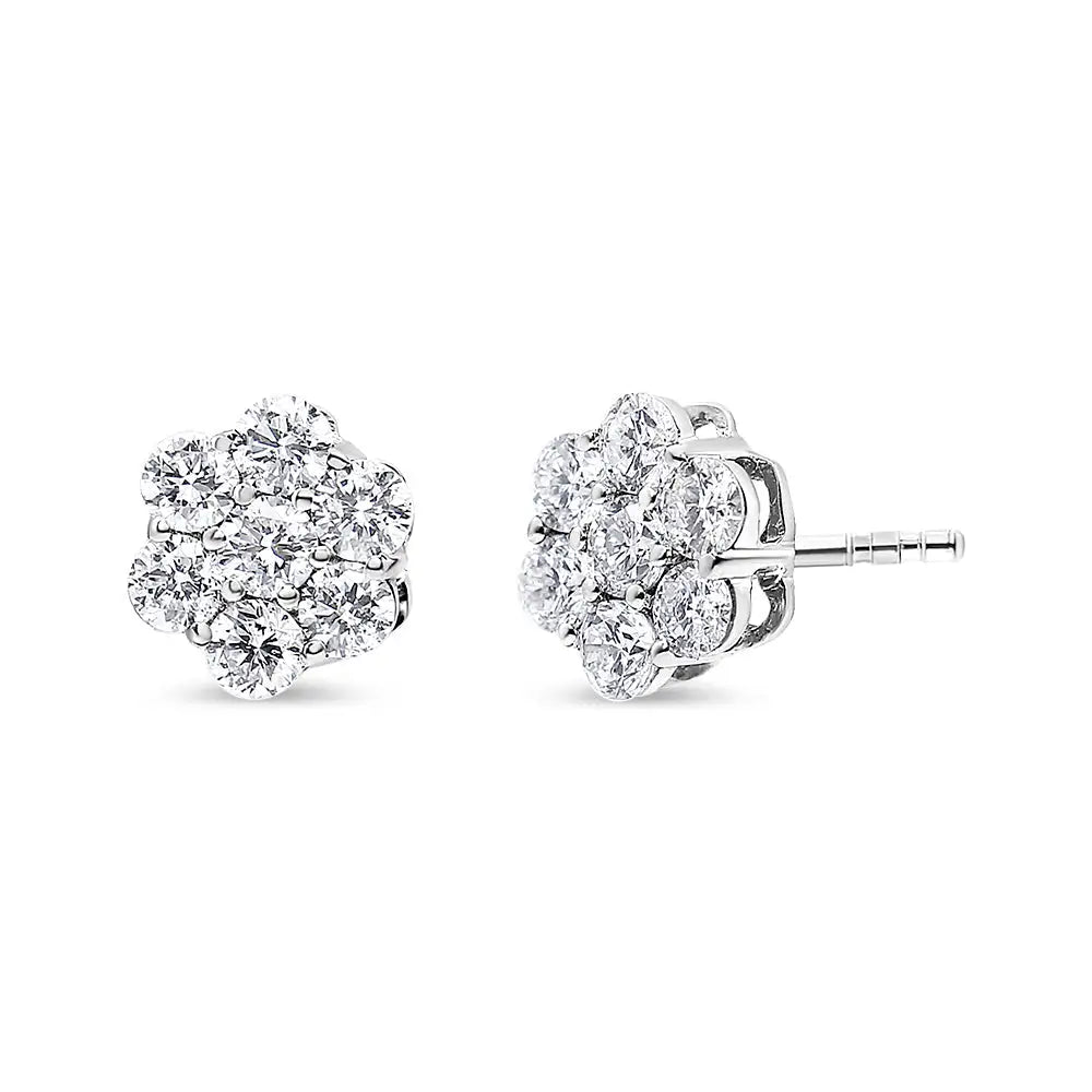 14k White Gold 7 Stone Floral Cluster Round Brilliant Cut Diamond Stud Earrings with Screw Backs(i-j Si2-i1) - Fine