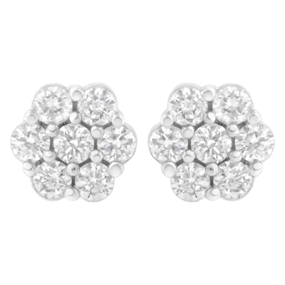 14k White Gold 7 Stone Floral Cluster Round Brilliant Cut Diamond Stud Earrings with Screw Backs(i-j Si2-i1) - Fine