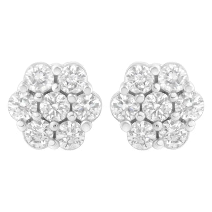 14k White Gold 7 Stone Floral Cluster Round Brilliant Cut Diamond Stud Earrings with Screw Backs(i-j Si2-i1) - Fine