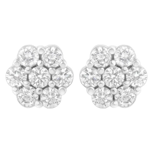 14k White Gold 7 Stone Floral Cluster Round Brilliant Cut Diamond Stud Earrings with Screw Backs(i-j Si2-i1) - Fine