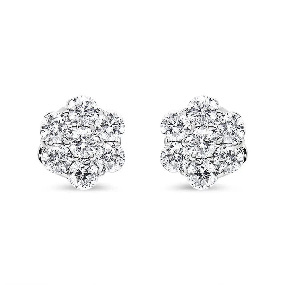 14k White Gold 7 Stone Floral Cluster Round Brilliant Cut Diamond Stud Earrings with Screw Backs(i-j Si2-i1) - Fine