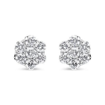 14k White Gold 7 Stone Floral Cluster Round Brilliant Cut Diamond Stud Earrings with Screw Backs(i-j Si2-i1) - Fine