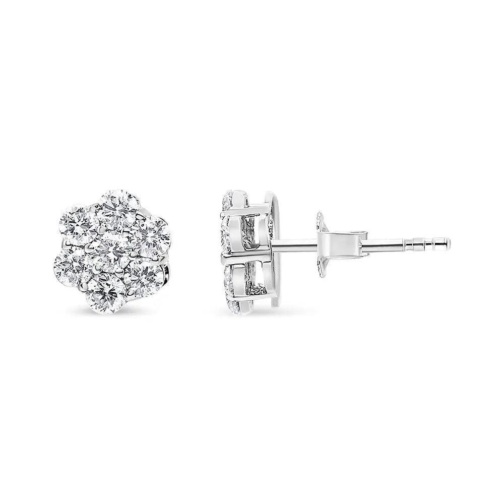 14k White Gold 7 Stone Floral Cluster Round Brilliant Cut Diamond Stud Earrings with Screw Backs(i-j Si2-i1) - Fine