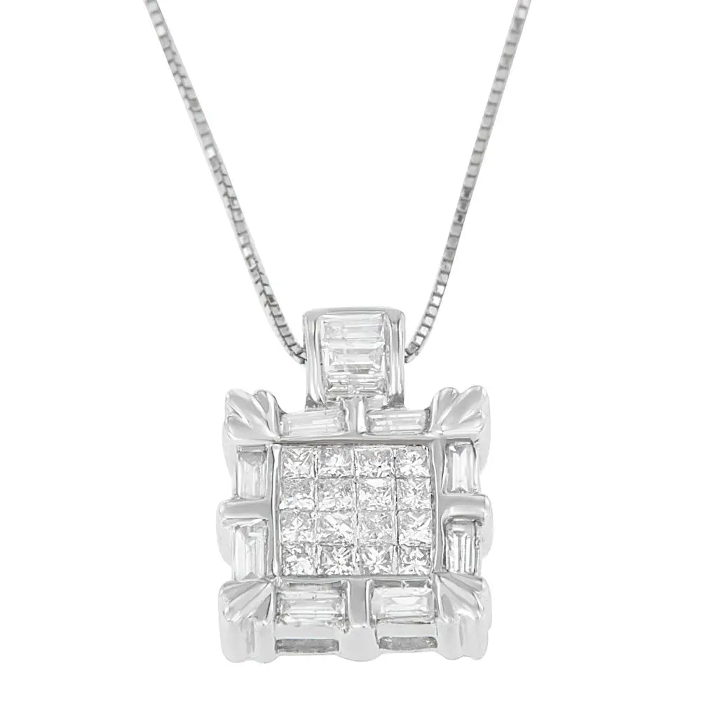 14k White Gold Baguette and Princess Cut Diamond Square Halo Pendant Necklace (3/4 Cttw H-i Color Si2-i1 Clarity)