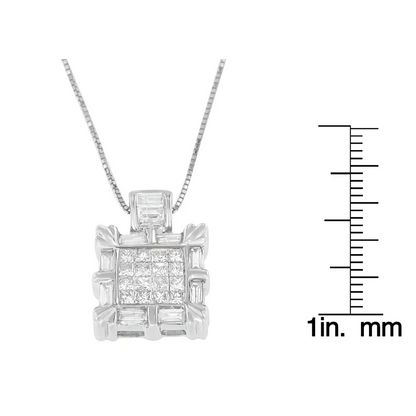 14k White Gold Baguette and Princess Cut Diamond Square Halo Pendant Necklace (3/4 Cttw H-i Color Si2-i1 Clarity)