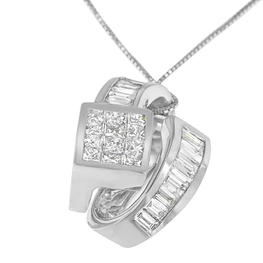 Elegant 14k White Gold 2 Cttw Princess and Baguette Cut Diamond Pendant