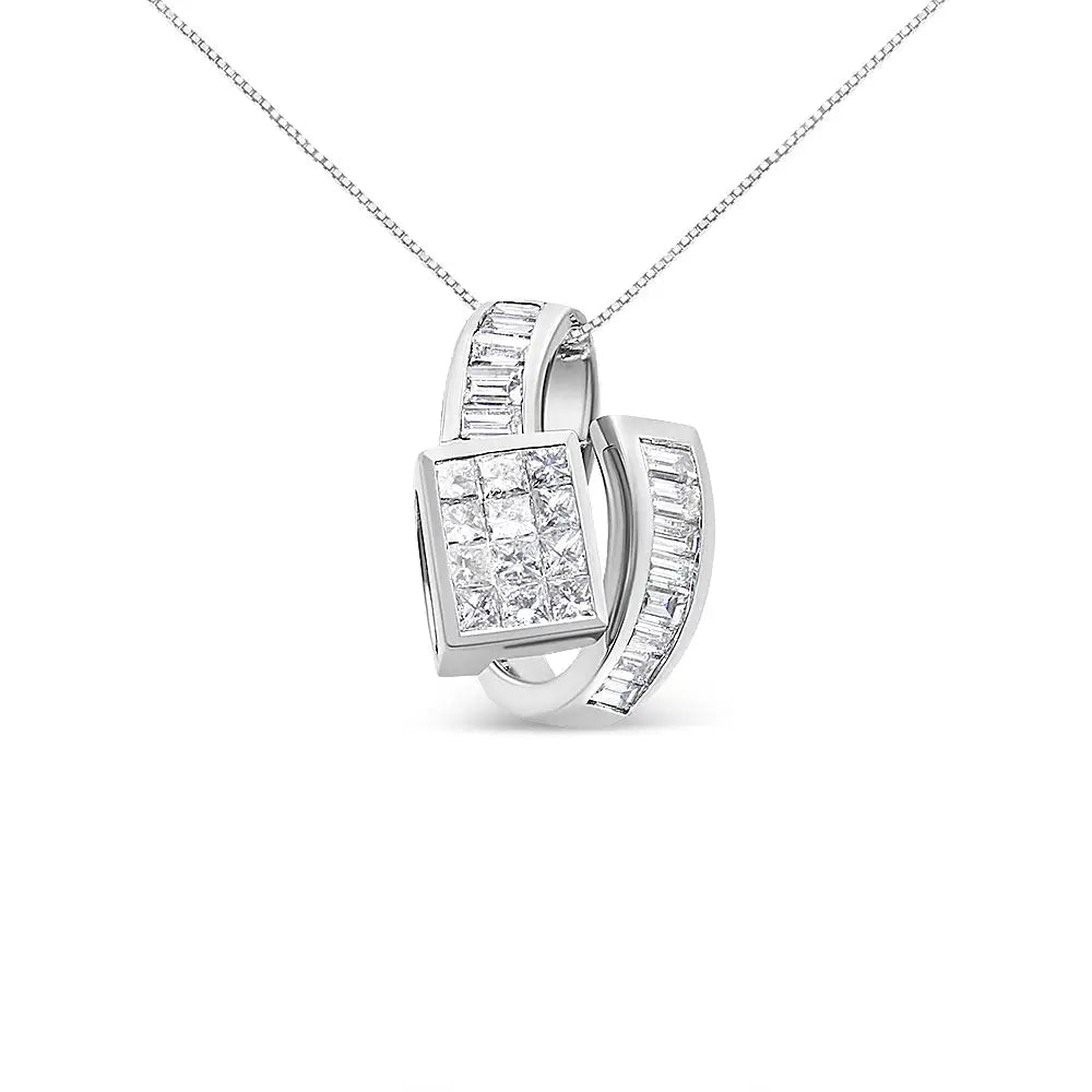 Elegant 14k White Gold 2 Cttw Princess and Baguette Cut Diamond Pendant