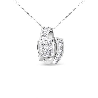 Elegant 14k White Gold 2 Cttw Princess and Baguette Cut Diamond Pendant