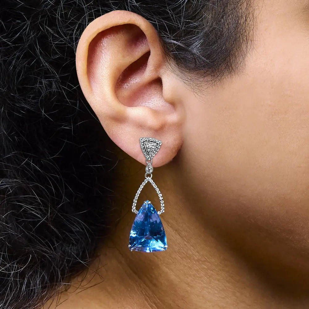 14k White Gold Earrings 4/5 Cttw Diamond and 18x11 Mm Trillion Cut Blue Topaz Drop Dangle (f-g Color Vs2-si1 Clarity)