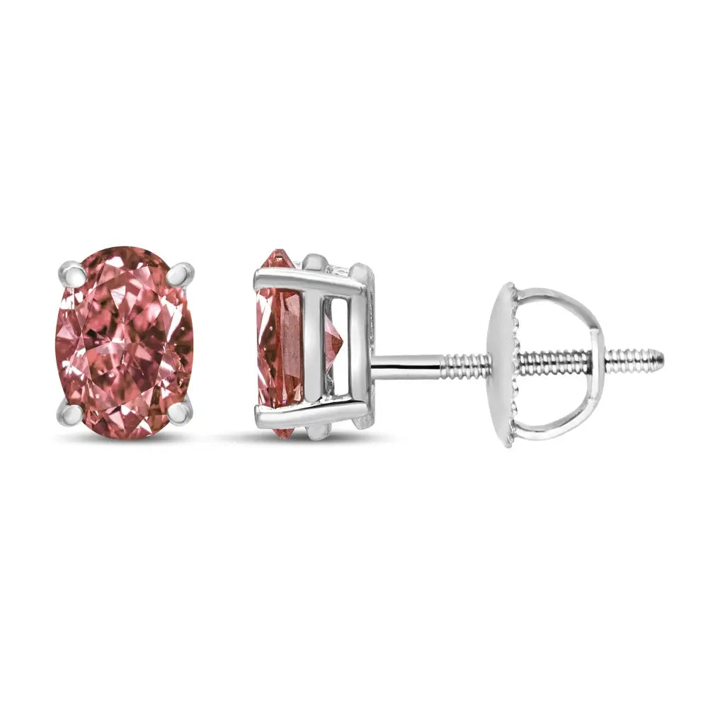 14k White Gold Lab Grown Pink Oval 4 Prong Set Classic Diamond Solitaire Stud Earrings (pink Color Vs2-si1 Clarity)