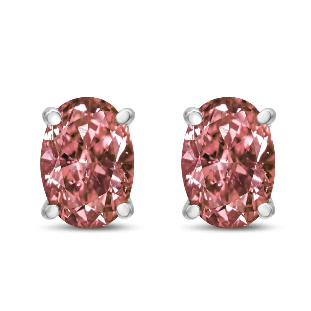 14k White Gold Lab Grown Pink Oval 4 Prong Set Classic Diamond Solitaire Stud Earrings (pink Color Vs2-si1 Clarity)