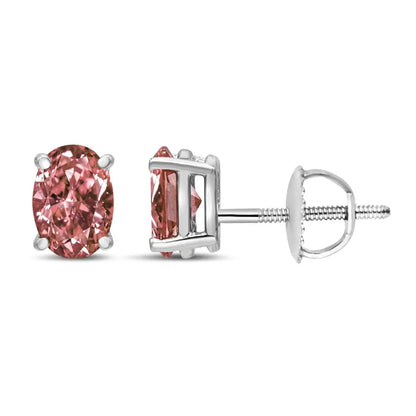 14k White Gold Lab Grown Pink Oval 4 Prong Set Classic Diamond Solitaire Stud Earrings (pink Color Vs2-si1 Clarity)