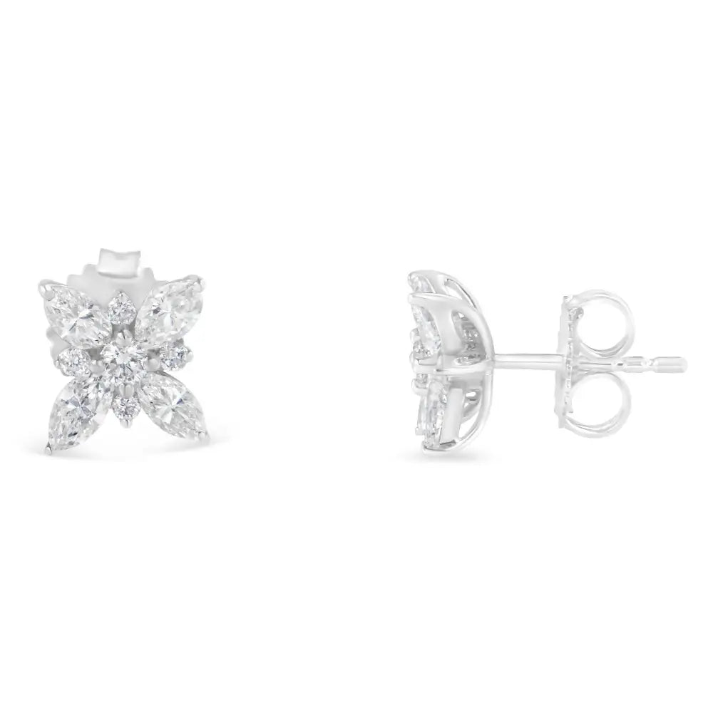 14k White Gold Marquise Diamond Flower Stud Earring (1.00 Cttw H-i Color Si1-si2 Clarity) - Fine Jewelry us Direct