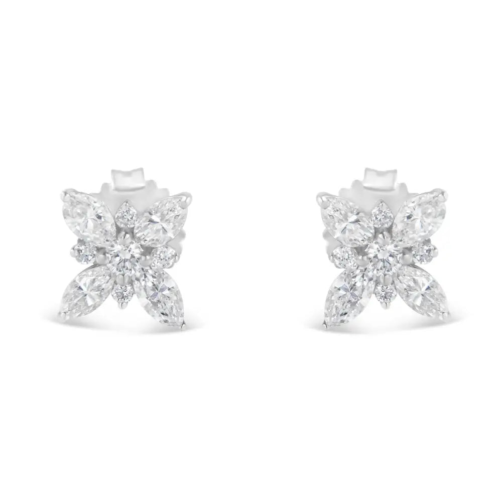 14k White Gold Marquise Diamond Flower Stud Earring (1.00 Cttw H-i Color Si1-si2 Clarity) - Fine Jewelry us Direct