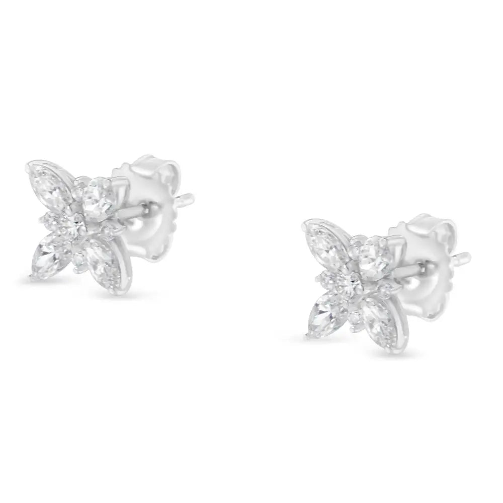 14k White Gold Marquise Diamond Flower Stud Earring (1.00 Cttw H-i Color Si1-si2 Clarity) - Fine Jewelry us Direct