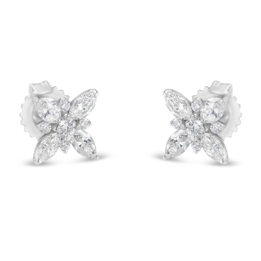 14k White Gold Marquise Diamond Flower Stud Earring (1.00 Cttw H-i Color Si1-si2 Clarity) - Fine Jewelry us Direct