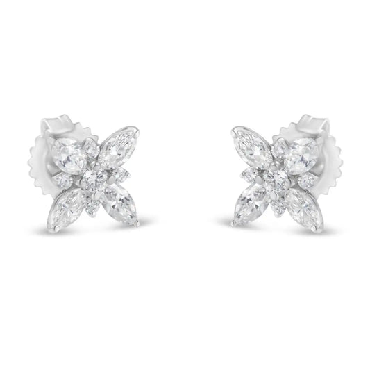 14k White Gold Marquise Diamond Flower Stud Earring (1.00 Cttw H-i Color Si1-si2 Clarity) - Fine Jewelry us Direct