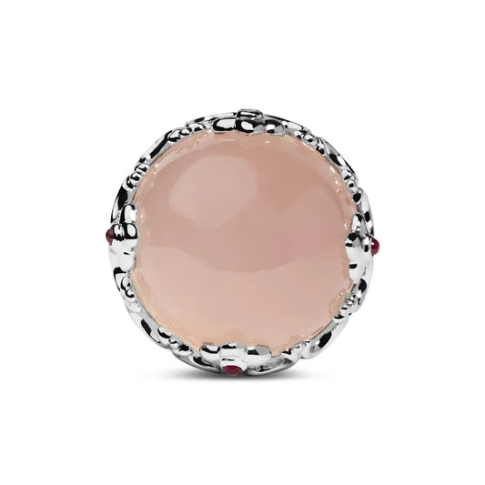 14k White Gold Pink Quartz Crystal Ball and Diamond Ruby Crown Shaped Cocktail Ring (f-g Color Si1-si2 Clarity) - Size